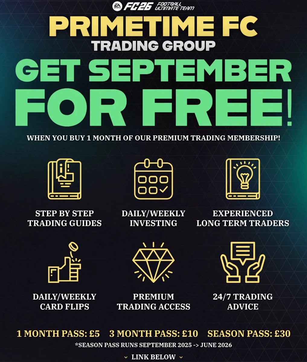 🚨 Exclusive offer for the start of FC26! 👀

BUY 1 MONTH of our Trading Membership &amp; get the rest of September for FREE!.. The start of the game is one of the best times to make coins, so come get involved! 🥳

You will need to use this link here!! ⬇️

upgrade.chat/11938574836813…