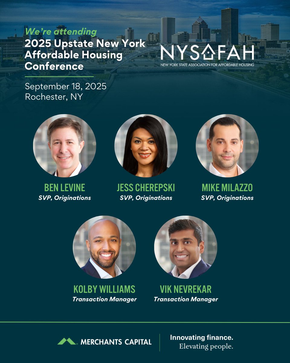 Next week, Merchants Capital heads to Rochester for NYSAFAH’s 2025 Upstate Affordable Housing Conference—10+ sessions, 35 vendors, and great networking opportunities. 

We are a proud sponsor of this year's event, and our team looks forward to connecting! bit.ly/46dv1rw
