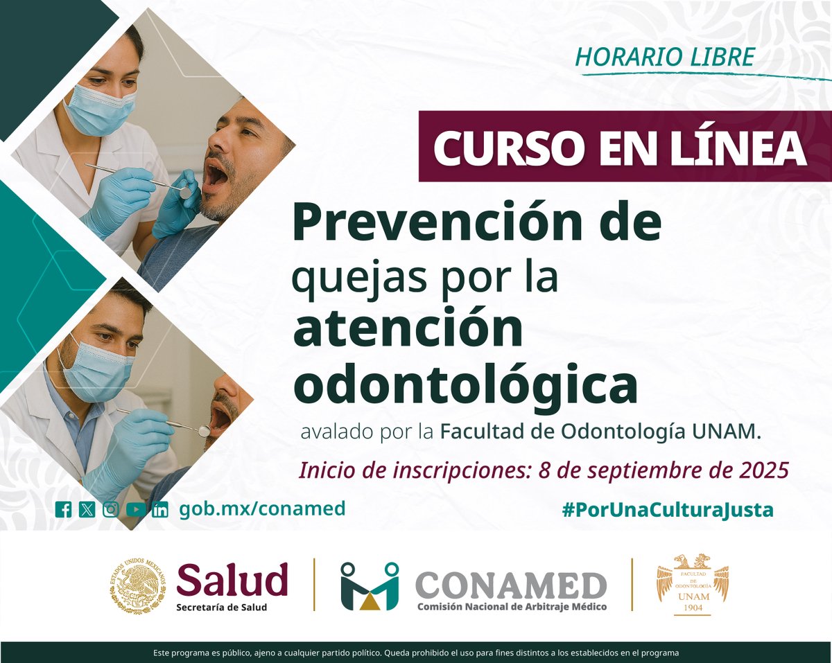 CONAMED_SALUD's tweet image. 📢Inscríbete al #CursoEnLínea: “Prevención de quejas por la atención odontológica” avalado por la @ODONTO_UNAM👉bit.ly/3IomXt2
🦷Fortalece tu ejercicio con conocimiento de tus derechos y los de los pacientes

🗓Inicio: 22.septiembre.2025
#CursosCONAMED #Odontología #UNAM