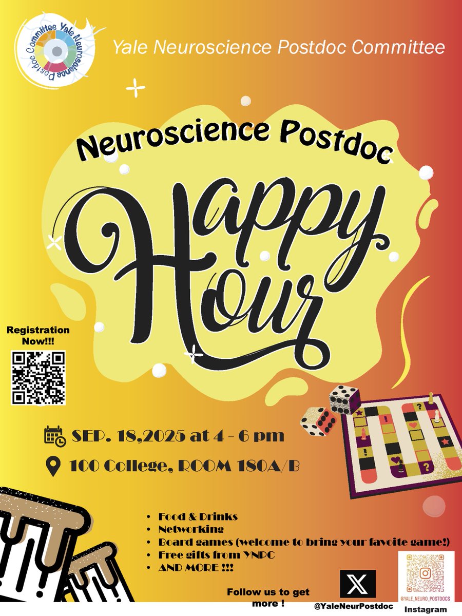 YNPC (@yaleneurpostdoc) on Twitter photo π§  Neuroscience Postdoc Happy Hour π» 
π
 Thu, Sep 18, 2025 | β° 4β6β―PM
π 100 College, 180A/B
π― Food + drinks
π² Board games (also welcome to bring your fave!)
π Swag from YNPC
π€ Connect w/ fellow Yale Neuro postdocs
π₯³π₯³ Donβt miss it ! π§©β¨ 
#YaleNeuro #PostdocLife π§  Neuroscience Postdoc Happy Hour π» 
π
 Thu, Sep 18, 2025 | β° 4β6β―PM
π 100 College, 180A/B
π― Food + drinks
π² Board games (also welcome to bring your fave!)
π Swag from YNPC
π€ Connect w/ fellow Yale Neuro postdocs
π₯³π₯³ Donβt miss it ! π§©β¨ 
#YaleNeuro #PostdocLife