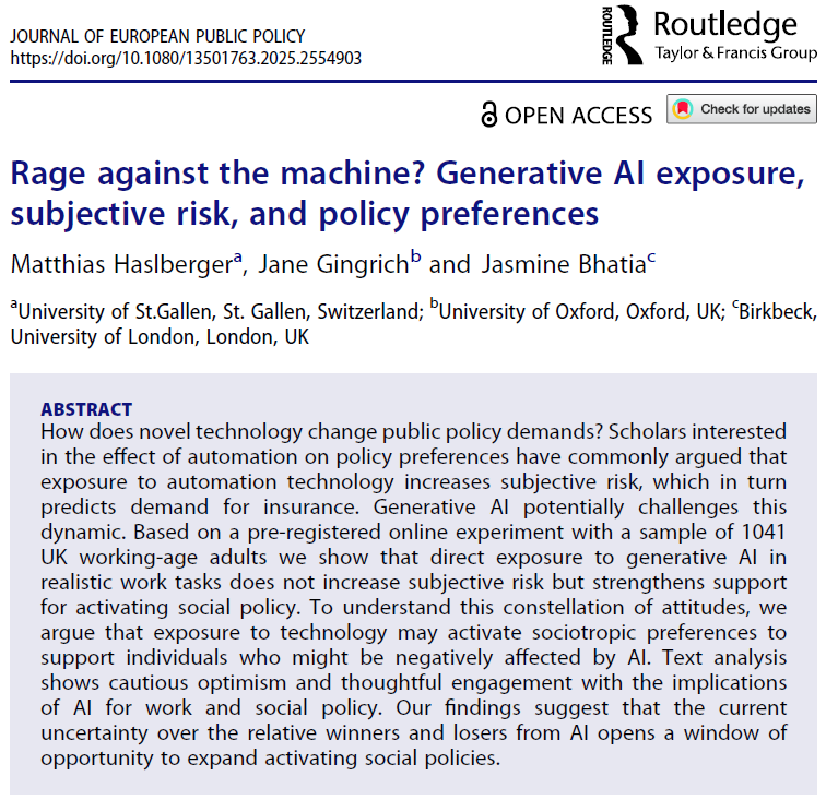 🚨How does working with generative AI affect people's risk perceptions and social policy preferences?

Very excited to share my new paper (with <a href="/jrgingrich/">Jane Gingrich</a> &amp; <a href="/DrJBhatia/">Jasmine Bhatia</a>), #OpenAccess in the Journal of European Public Policy (link in last post) ⬇️