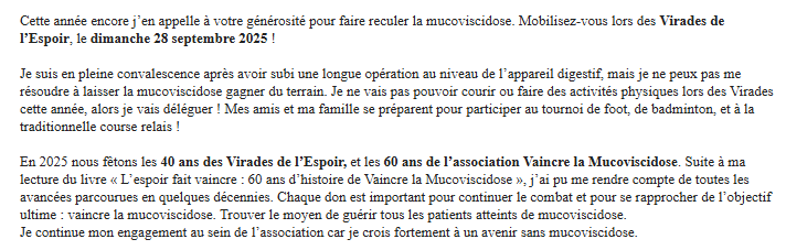 Si vous pouvez faire un geste pour Jessica, ce serait vraiment sympa. 

La mucoviscidose, c'est vraiment compliqué comme maladie, et la recherche progresse toujours trop lentement. Mobilisez vous pour les Virades de l'Espoir le 27 et 28/9

(pas mon sujet d'habitude, mais merci !)