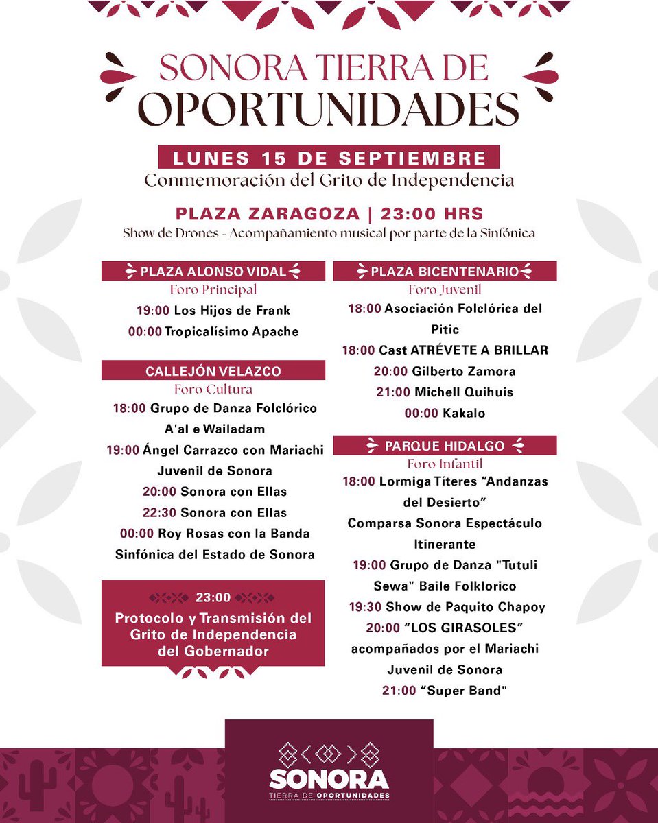 Este 15 de septiembre celebremos nuestra Independencia en el Centro Histórico de Hermosillo. 🇲🇽

Disfrutemos en familia de música, alegría y del Grito que nos llena de orgullo como mexicanas y mexicanos.

Vivamos juntos la fiesta más grande de nuestra patria en Sonora, Tierra de