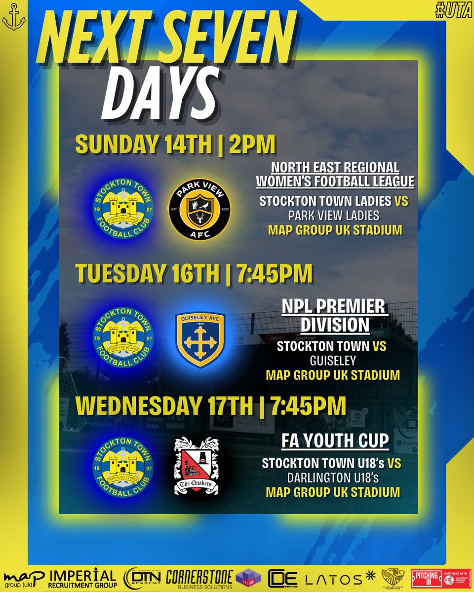 stockton_townfc's tweet image. A busy period ahead of us at the MAP Group UK Stadium 🏟️ 

@STFC_Ladies open their NERWFL campaign against Park View on Sunday, before the Anchors take on Guiseley in NPL action - with our U18’s taking on Darlington in the FA Youth Cup on Wednesday ⏭️

#UTA⚓️