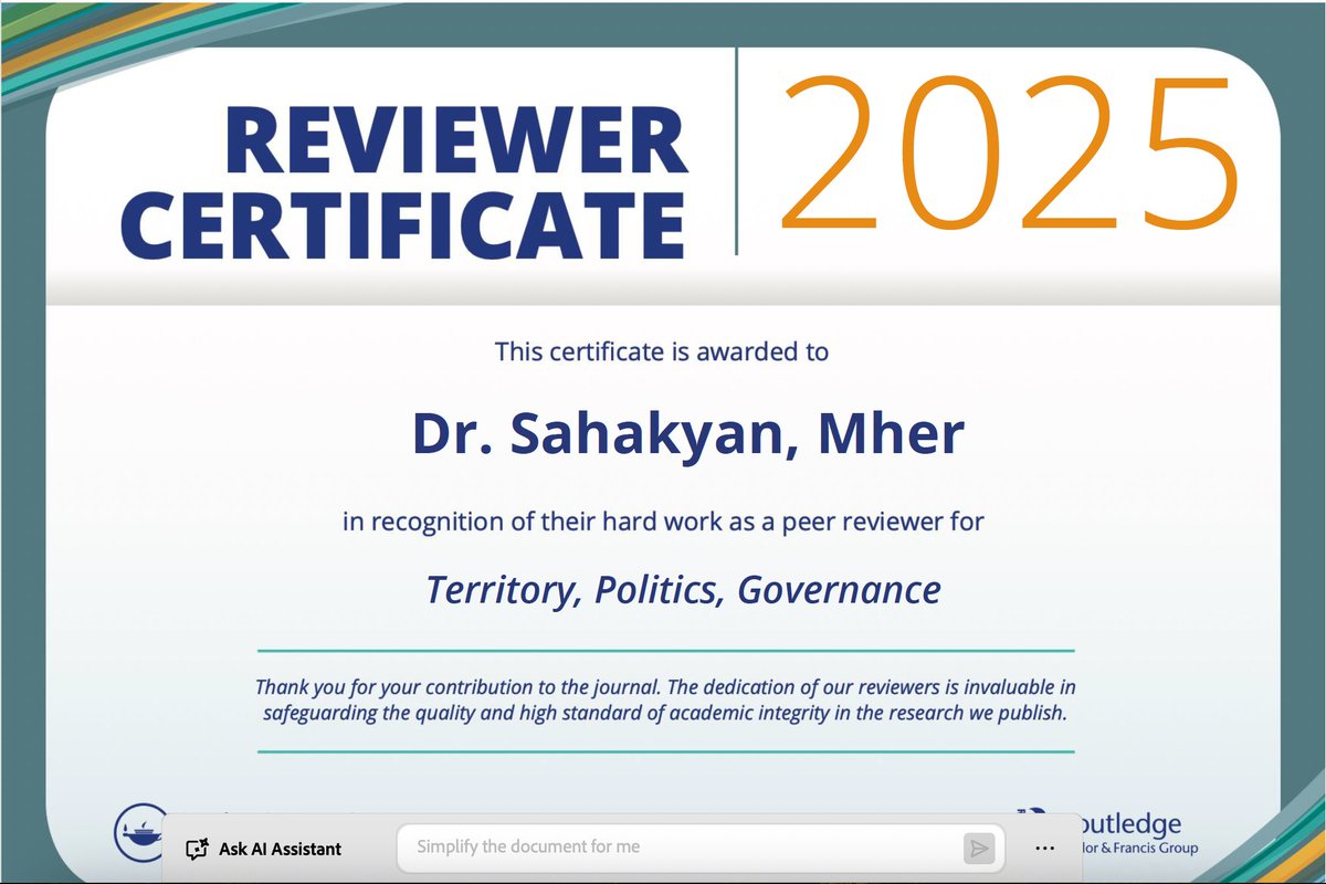 Mher D. Sahakyan /明华 (@mhereast) on Twitter photo It was nice to receive new certificates of recognition for my peer review contributions to the  journals Territory, Politics, Governance and Global Change Peace & Security (<a href="/Rout_PoliticsIR/">Routledge Politics, IR & Area Studies</a> and <a href="/WeAreTandF/">Taylor & Francis</a>). It was nice to receive new certificates of recognition for my peer review contributions to the  journals Territory, Politics, Governance and Global Change Peace & Security (<a href="/Rout_PoliticsIR/">Routledge Politics, IR & Area Studies</a> and <a href="/WeAreTandF/">Taylor & Francis</a>).