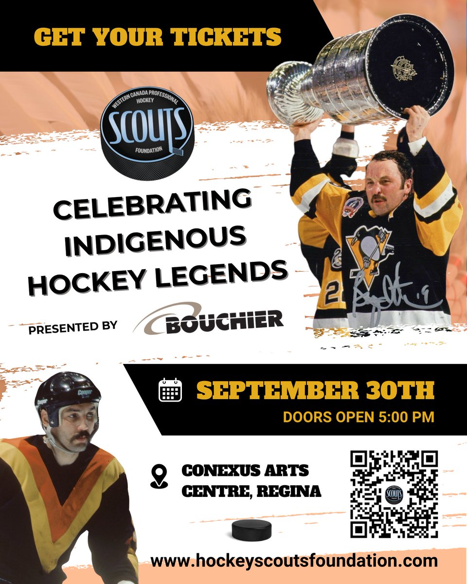 Celebrating Indigenous Hockey Legends - presented by Bouchier! Tuesday, September 30th <a href="/conexusartscntr/">Conexus Arts Centre</a>. A delicious dinner followed by Hot Stove sessions - including 7x Stanley Cup winner Bryan Trottier and many more! <a href="/hockeyscoutsfnd/">Western Canada Pro Hockey Scouts Foundation</a> 
Tickets: hockeyscoutsfoundation.com