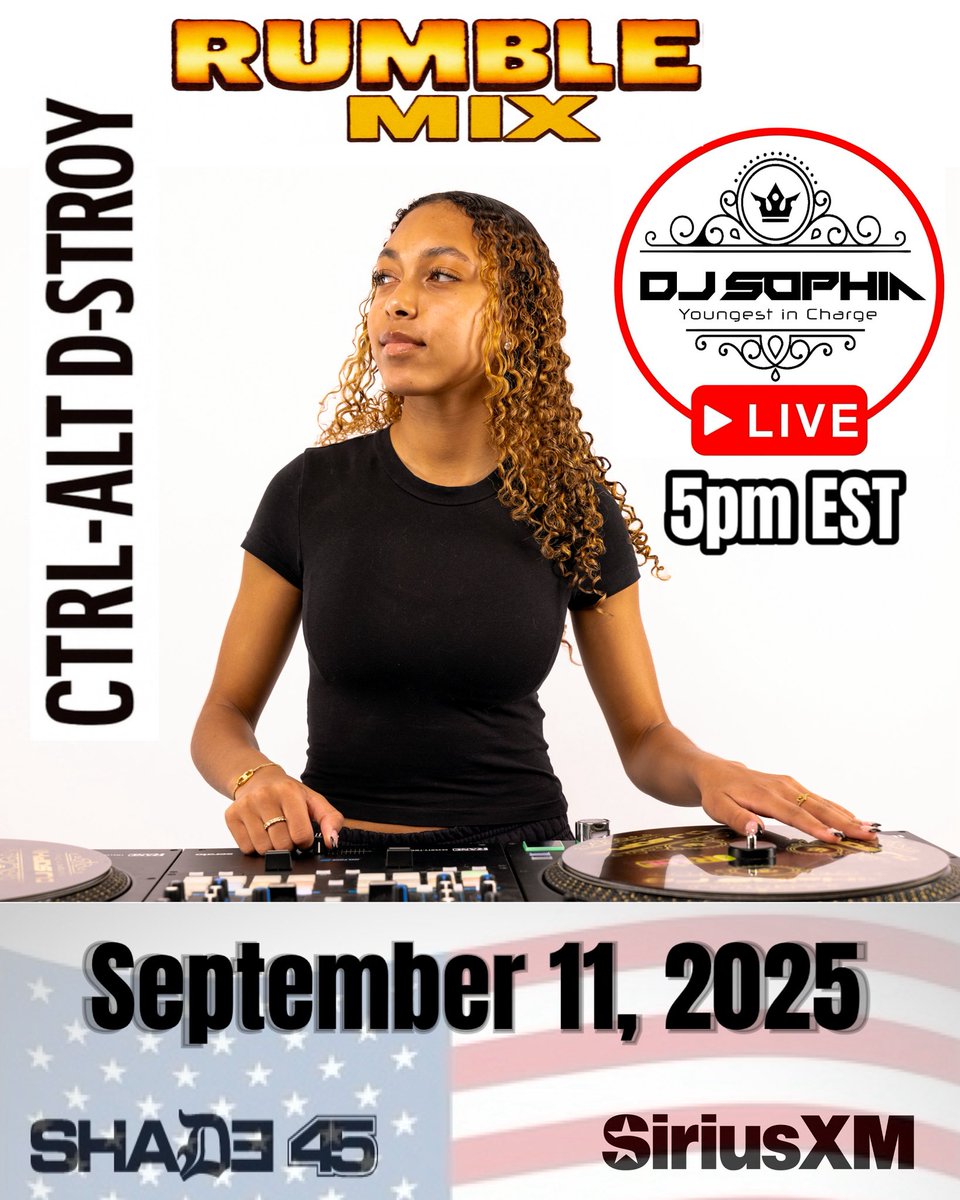 Tune in TODAY at 5PM EST
I'm going LIVE with <a href="/iDstroy/">D-Stroy</a> on <a href="/Shade45/">Shade45</a> bringing the Rumble Mix🔥
Wild to think it's been about 6 years since my first Shade 45 appearance... full circle moment " Feels good to be back!
#djsophiarocks #dj #shade45 #mixtape #teendj #girldj #hiphop