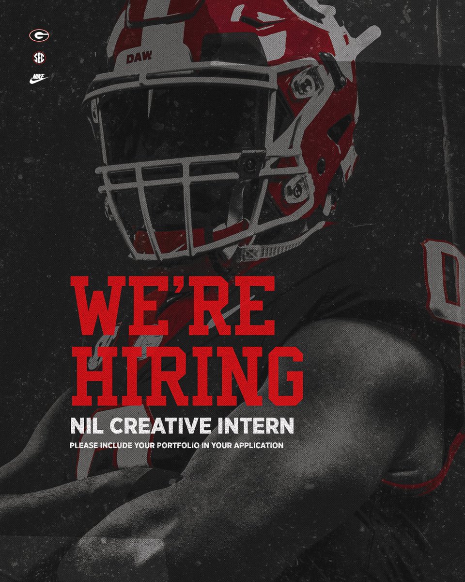 Georgia Athletics is looking for an NIL Creative Intern to join our team. This role is hands-on in design, branding, and content creation to support our student-athletes.

🔗 Apply here: ugajobsearch.com/postings/453390
📌 Be sure to include your portfolio with your application.