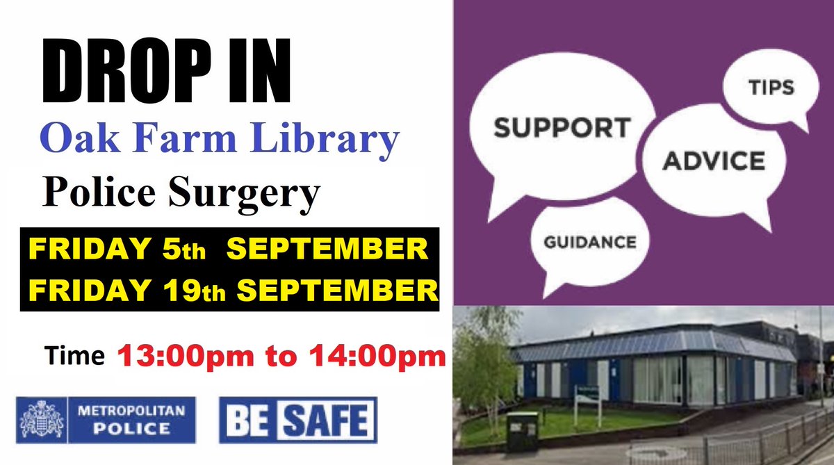 Reminder  

Come along to our Police Surgery at Oak Farm Library on Friday 19th September between 13:00pm to 14:00pm. 
Drop in and share your concerns with us.   

We will be available to assist you and record any concerns or complaints.
