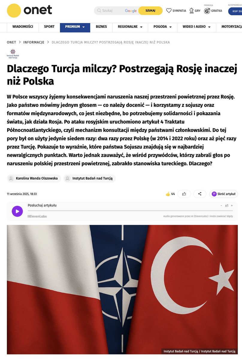Dlaczego #Turcja milczy po naruszeniu polskiej przestrzeni powietrznej przez 🇷🇺 drony?

➡️ inne postrzeganie zagrożeń,
➡️ priorytet Bliskiego Wschodu i relacji z Katarem,
➡️ balansowanie między Wschodem a Zachodem.

Polecam tekst na portalu <a href="/onetpl/">Onet</a> : onet.pl/informacje/ins…