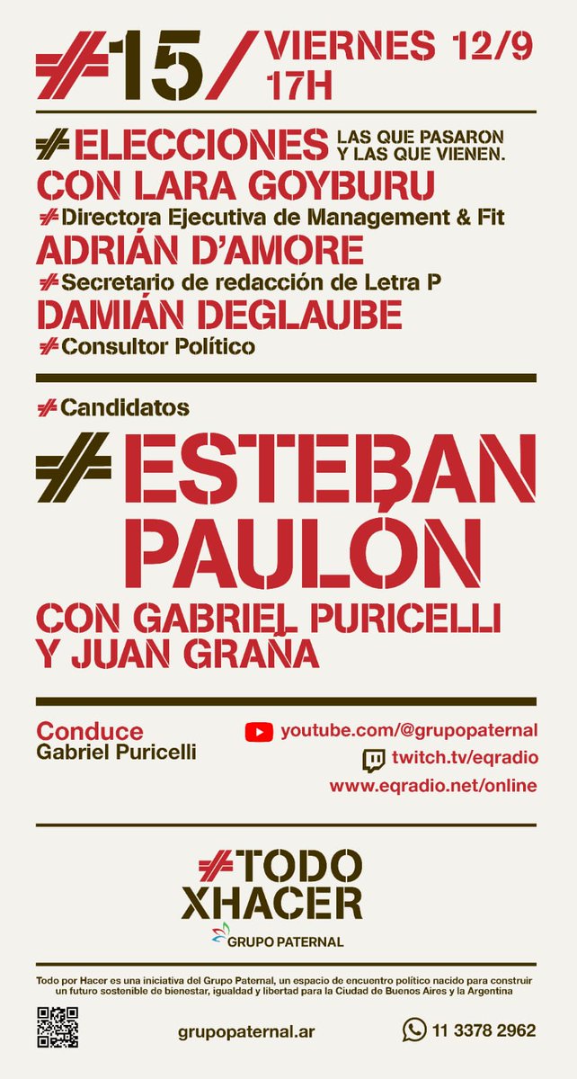 Agendate mañana viernes 17hs. en #TodoxHacer, el streaming del #GrupoPaternal, charlamos con <a href="/EstebanPaulon/">Esteban Paulón</a> acerca la elección que pasó y la que viene. Nos acompañarán <a href="/LaraLin78/">Lara 💚</a>, <a href="/DAmore_Ad/">Adrián D'Amore</a> y <a href="/Damian_Deglauve/">Damian Deglauve</a>.
Por: youtube.com/@grupopaternal
Conducen: <a href="/SoyPuri/">Gabriel Puricelli #MovimientoAlCongreso</a> y <a href="/JuanMGrana/">Juan M. Graña 🧡💚</a>.