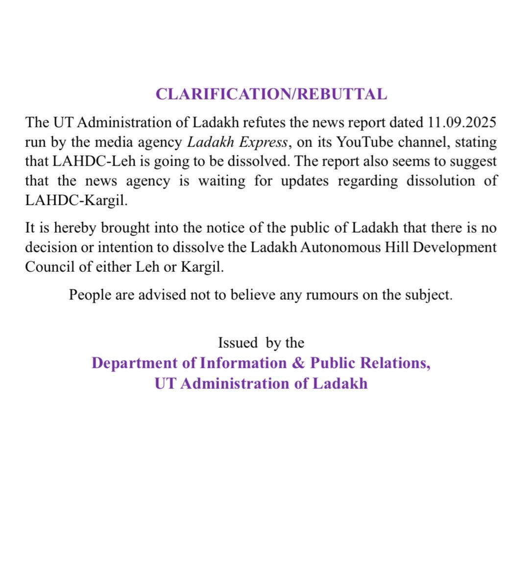 Info_Ladakh's tweet photo. The UT administration of Ladakh brings into the notice of the public of Ladakh that there is no decision or intention to dissolve the Ladakh Autonomous Hill Development Council of Leh or Kargil

@lg_ladakh @LAHDC_Kgl @LAHDC_LEH @DC_Leh_Official @dc_Kgl @ddnewsladakh https://t.co/rOjimwQKTt