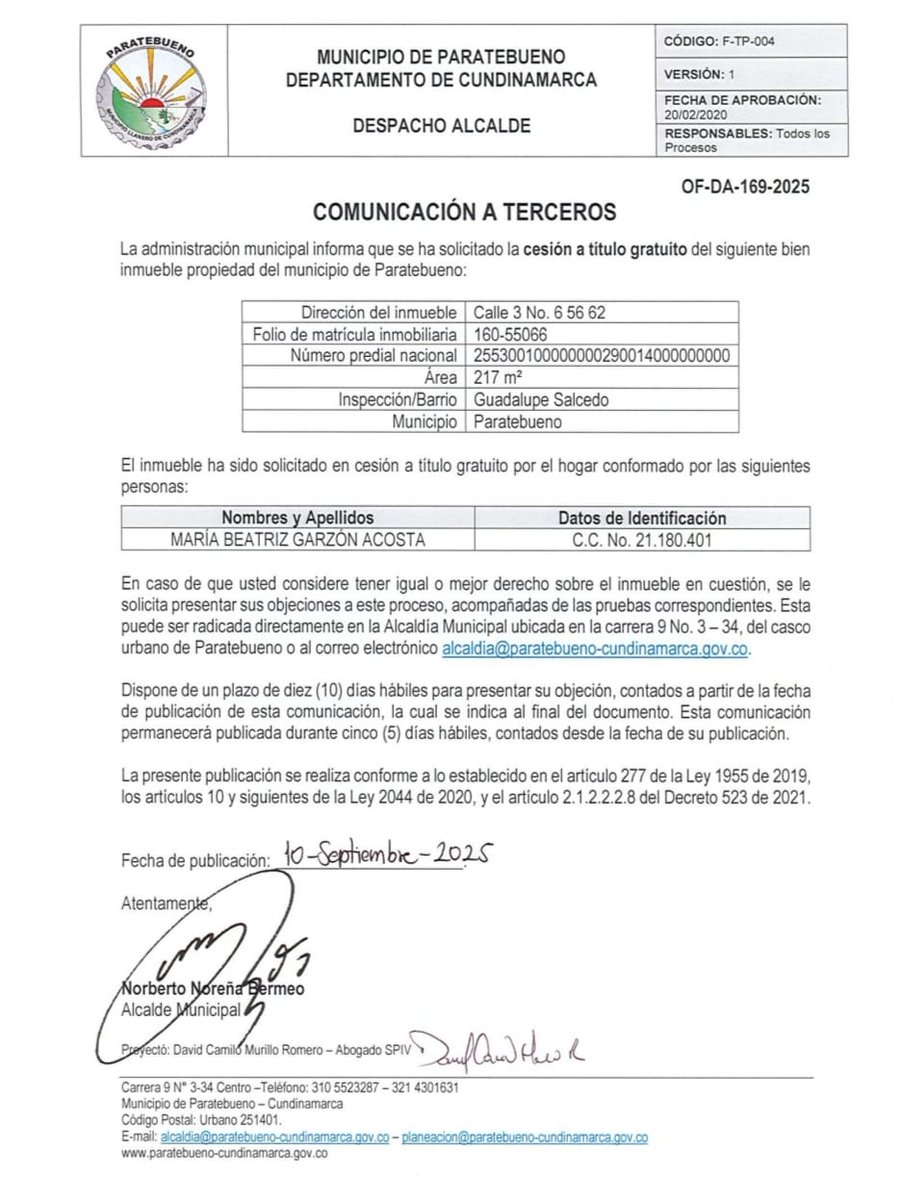 AParatebueno's tweet photo. Se informa que se han solicitado cesiones gratuitas de bienes inmuebles municipales.
Quienes consideren tener igual o mejor derecho podrán presentar objeciones, con pruebas, en un plazo de 10 días hábiles. Alcaldía Municipal o al correo alcaldia@paratebueno-cundinamarca.gov.co. https://t.co/4Km5gfpoJ7