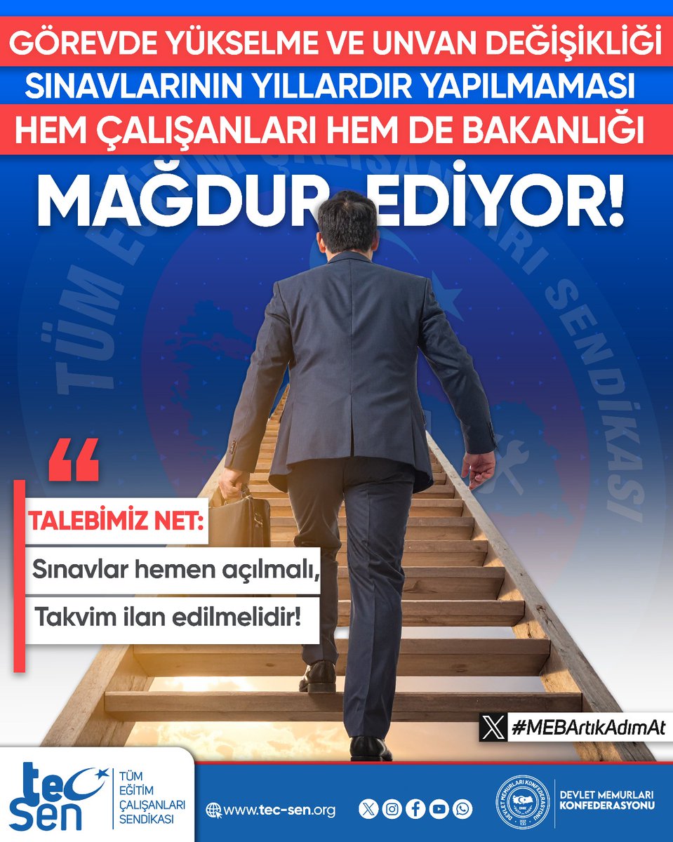 Görevde Yükselme ve Unvan Değişikliği sınavlarının yıllardır yapılmaması hem çalışanları hem de bakanlığı mağdur ediyor.
#EgitimCalisanlariSinavBekliyor
<a href="/cftcblnt/">Bülent ÇİFTCİ</a> <a href="/tcmeb/">Millî Eğitim Bakanlığı</a> <a href="/mebpgm/">Personel Genel Müdürlüğü</a> <a href="/Yusuf__Tekin/">Yusuf Tekin</a> <a href="/Ziynuleb/">Kemal bülbül</a> <a href="/mebodsgm/">Ölçme, Değ. ve Sınav Hizmetleri Genel Müdürlüğü</a>
