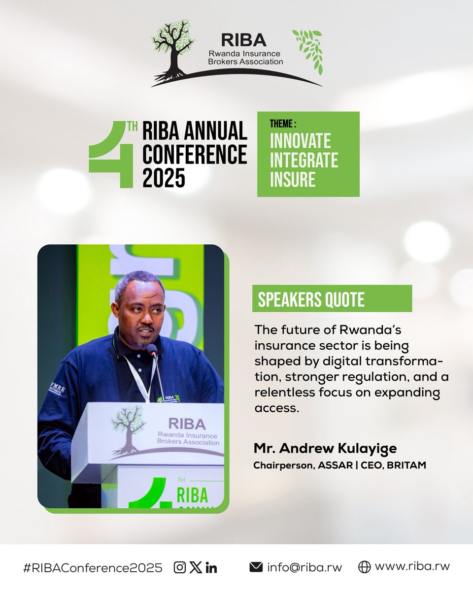 Ribo_Rwanda's tweet photo. Strong leadership, innovation, and access remain central to building Rwanda’s insurance ecosystem. Andrew Kulayige, Chairperson of ASSAR, shared this perspective at #RIBAConference2025.

#InnovateIntegrateInsure https://t.co/Fpl54QKIgt
