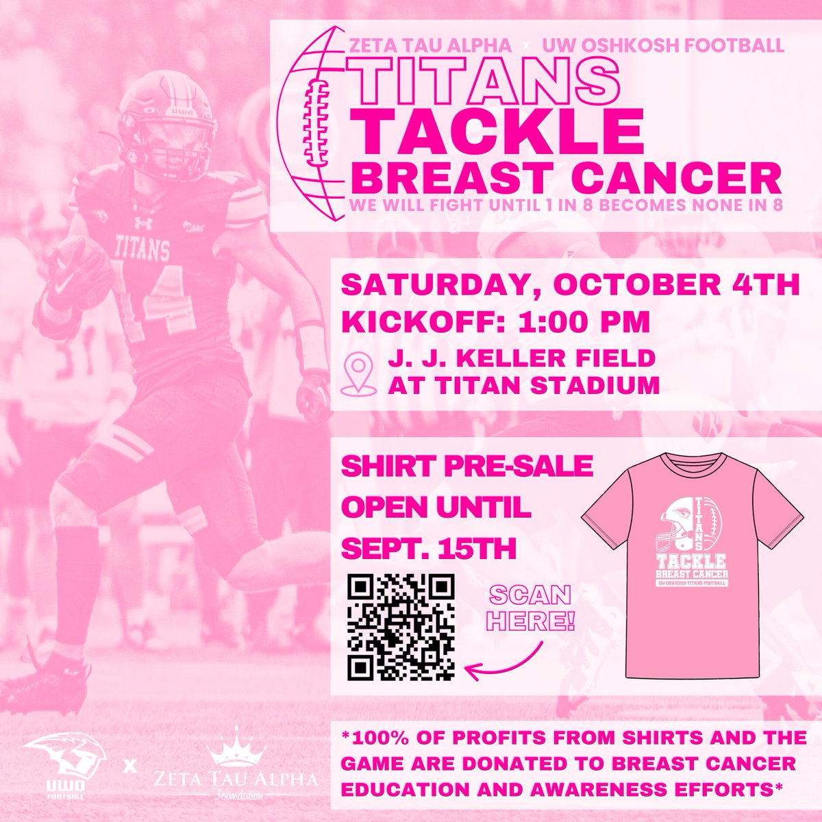 UWOFootball's tweet image. 🎗️ Titans Tackle Breast Cancer 🎗️

We’re teaming up with ZTA for our October 4th game to raise awareness and funds for breast cancer education.

Pre-order your shirt today — 100% of profits go to the cause: bit.ly/467rniA

#GoldStandard | #TitansTackleBreastCancer