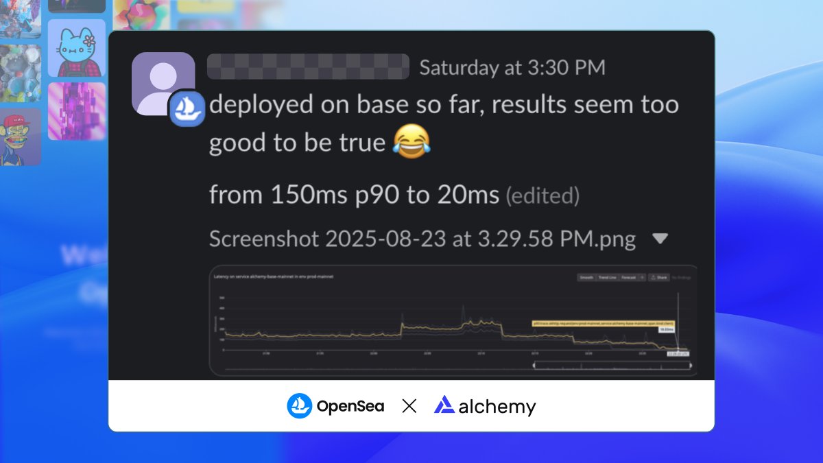 “150ms → 20ms. Too good to be true.” – <a href="/opensea/">OpenSea</a>

That’s what happens when your infra runs on ours ⚡️

Smart routing trained on trillions of requests = up to 2.5x faster RPC APIs worldwide. Now it’s your turn.

Get your API key today. bit.ly/4nvbwSj