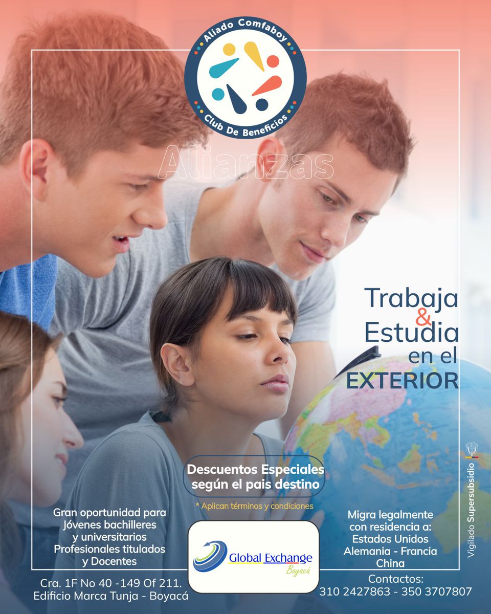¿Listo para llevar tu talento al mundo? 🌎
¡Con Comfaboy y Global Exchange puedes trabajar y estudiar en el exterior!
Accede a descuentos exclusivos para migrar legalmente a 🇺🇸 🇩🇪 🇫🇷 🇨🇳
Ideal para jóvenes, universitarios y profesionales que buscan transformar su futuro.