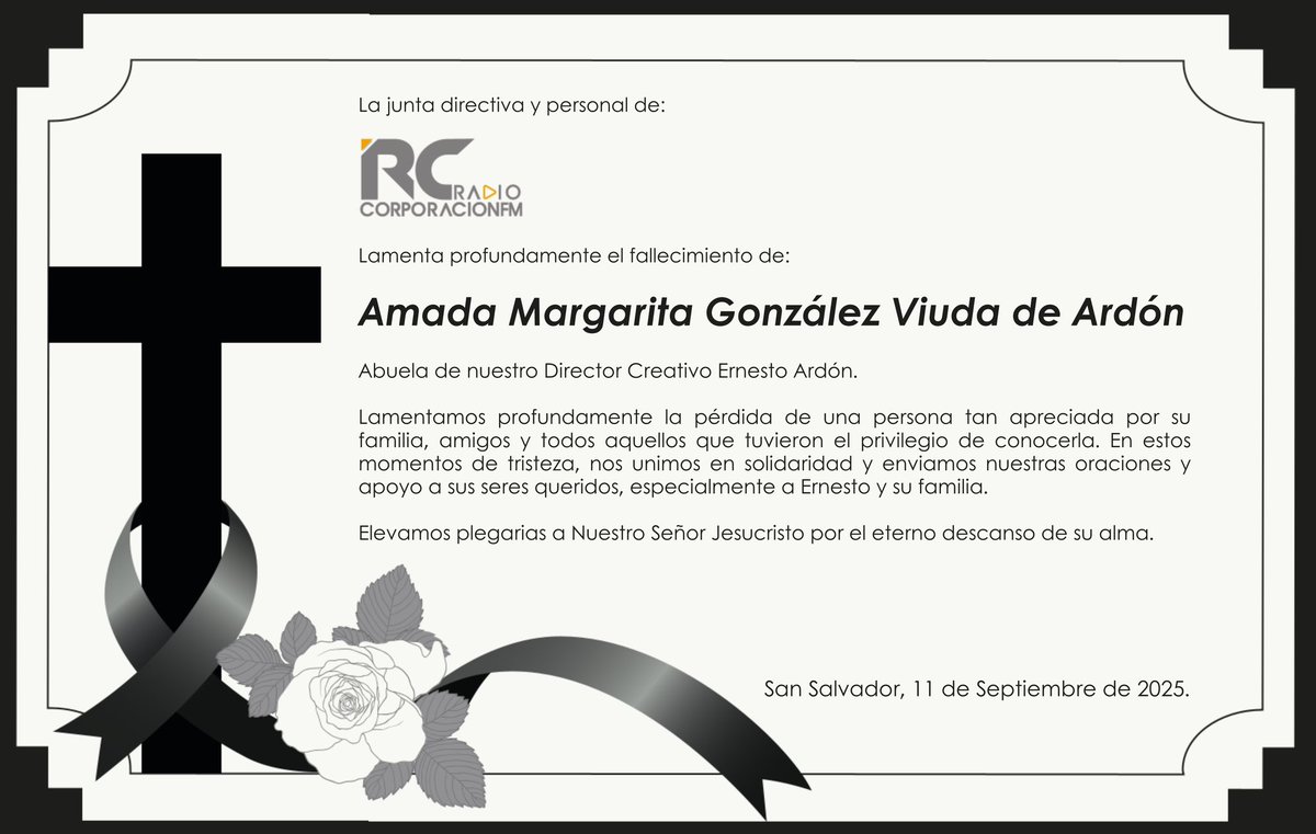 🕊️ Lamentamos el fallecimiento de Amada Margarita González Vda. de Ardón, abuela de nuestro Director Creativo Ernesto Ardón.

Nos unimos en oración y solidaridad con él y su familia. 🙏
