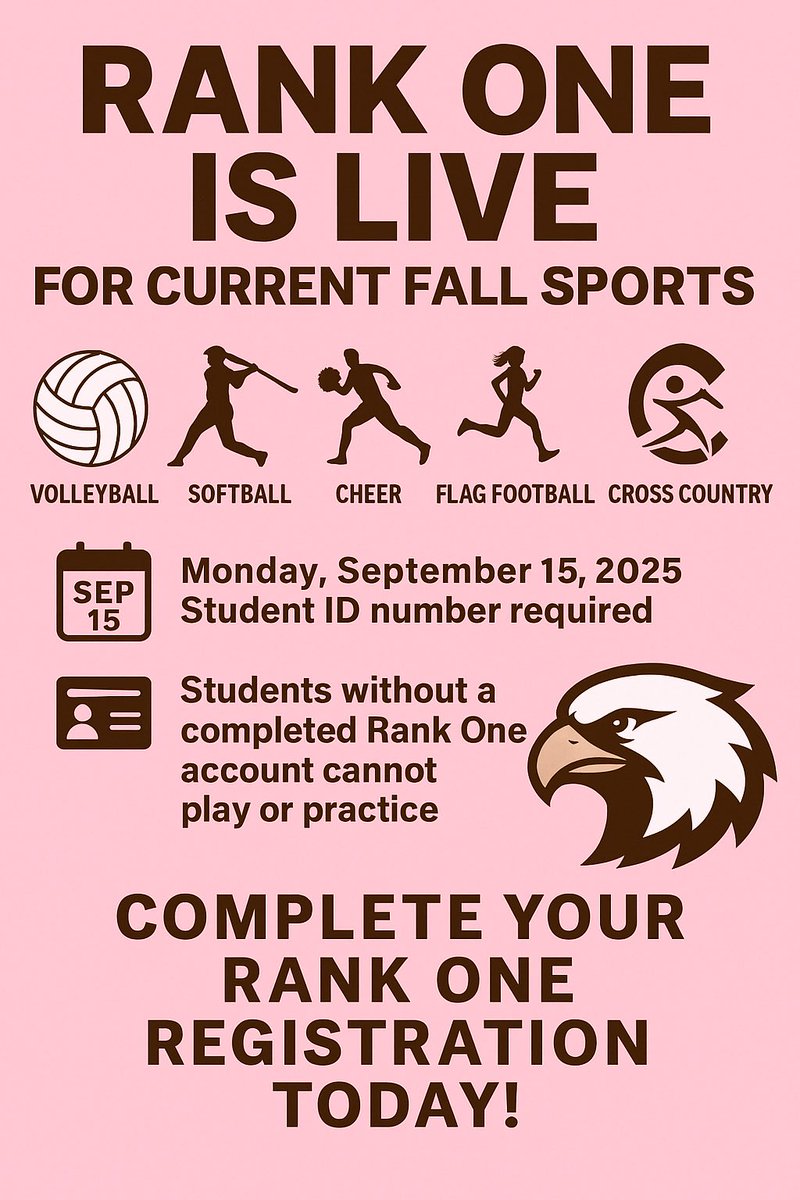 🏐🥎📣🏈🏃‍♀️ Fall Sports Families!
Rank One is LIVE — Parents must create an account by Mon, Sept 15
🆔 Student ID required
⚠️ Athletes (Volleyball, Softball, Cheer, Flag Football, XC) w/out accounts cannot play/practice

Complete today! 🦅
#CSKStrong #ScholarAthlete #FallSports