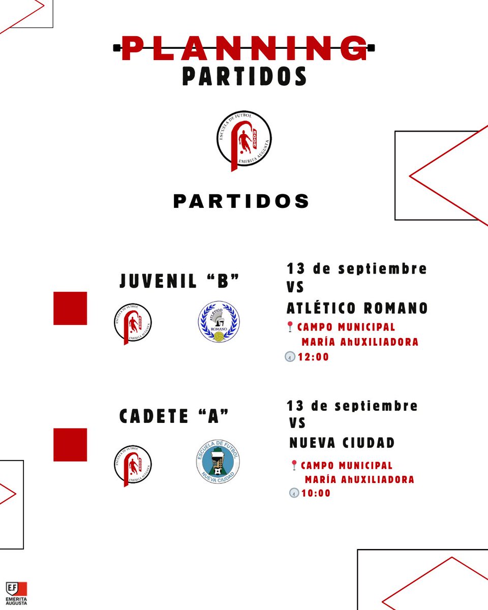 ⚽️🔴 ¡Fin de semana de fútbol en la EF Emérita Augusta! ⚫️⚽️

Nuestros equipos tienen dos grandes citas este 13 de septiembre en el Campo Municipal María Auxiliadora:

🕙 10:00 h – Cadete “A” 🆚 Nueva Ciudad
🕛 12:00 h – Juvenil “B” 🆚 Atlético Romano