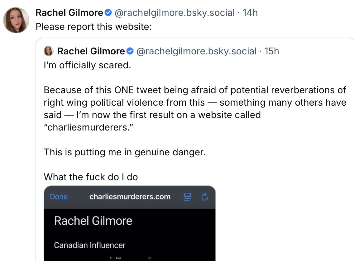 Gilmore says she is "genuinely scared" because her post ended up on the front page of a website that was created to document those laughing at Kirk's murder.