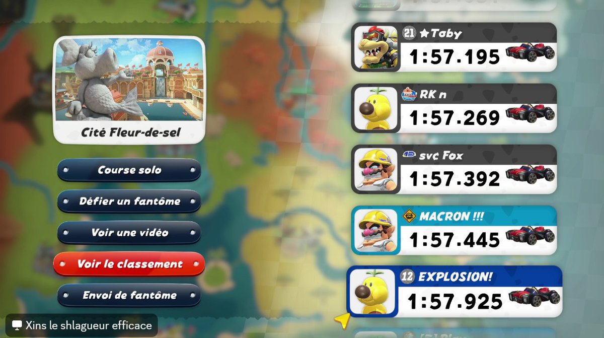 XinsOFF's tweet image. TOP 10 Worldwide with @EmmanuelMacron EXPLOSION ! Thanks CAlexis for help in this track and i&apos;m happy to sub 1:58 ! 5/30 #MacronEXPLOSION #SaltySaltySpeedway #MKWorld #Nintendo