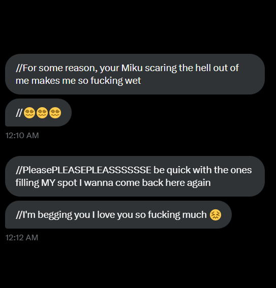 MikuStuDIVA's tweet photo. #mikufied

Some of the sluts in my DMs are so goddamn cute 🤭💖
(Edited out the nudes they sent me, it's okay- they asked me first)

Meanwhile, I got some more slots open for you 𝚌𝚘𝚌𝚔𝚠𝚑𝚘𝚛𝚎𝚜 to try your chance at ♡
Remember to read my pinned before DMing-! https://t.co/ZQiYR4ZuK0