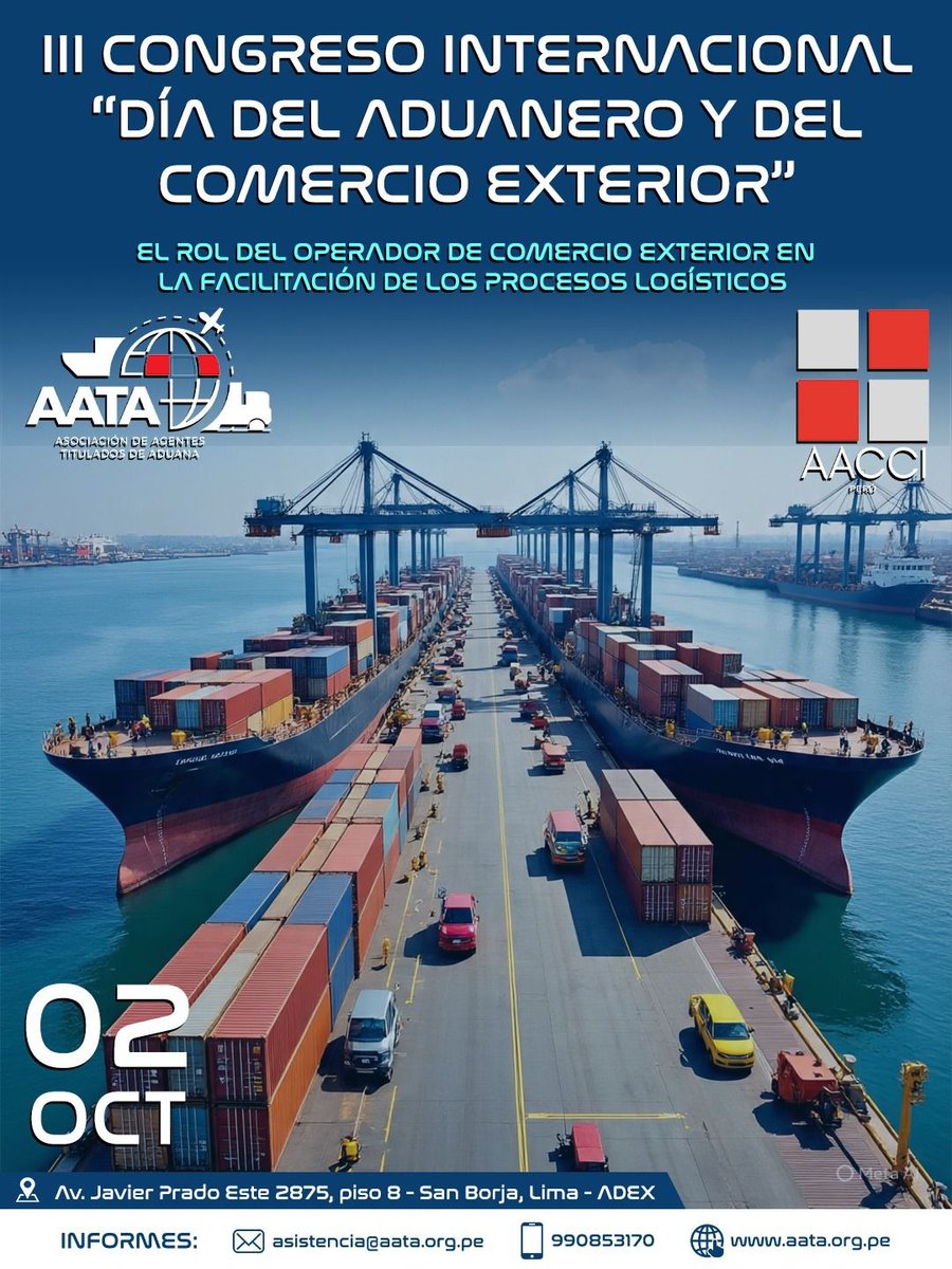 aataperu's tweet photo. Desde la Asociación de Agentes Titulados de Aduana - AATA anunciamos la realización del “𝗜𝗜𝗜 𝗖𝗼𝗻𝗴𝗿𝗲𝘀𝗼 𝗜𝗻𝘁𝗲𝗿𝗻𝗮𝗰𝗶𝗼𝗻𝗮𝗹 𝗽𝗼𝗿 𝗲𝗹 𝗗𝗶𝗮 𝗱𝗲𝗹 𝗔𝗱𝘂𝗮𝗻𝗲𝗿𝗼 𝘆 𝗱𝗲𝗹 𝗖𝗼𝗺𝗲𝗿𝗰𝗶𝗼 𝗘𝘅𝘁𝗲𝗿𝗶𝗼𝗿”” el próximo jueves 02 de octubre. https://t.co/sjjT3fAjfS