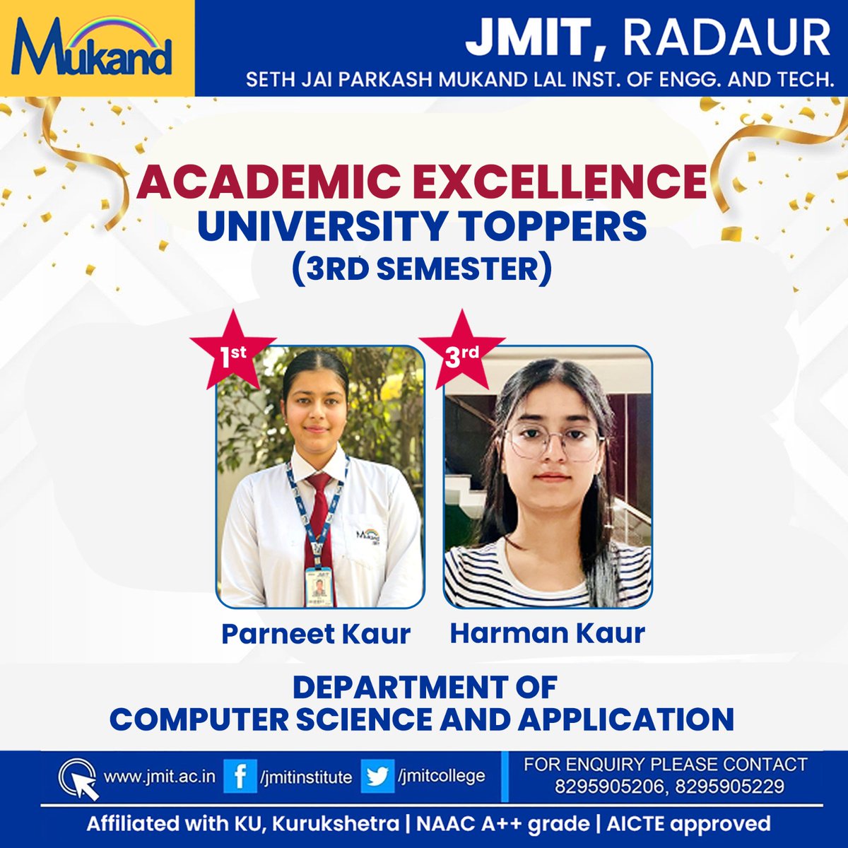 JmitCollege's tweet photo. Proud Moment: JMIT Radaur Computer Science and Applications Students Shine as University Toppers (3rd Semester)

#computerscience #universitytoppers #academicexcellence #studentachievement #proudmoment #hardworkpaysoff #successstory   #jmitpride #jmit #jmitstudents #jmitradaur https://t.co/eLyDyvZodI