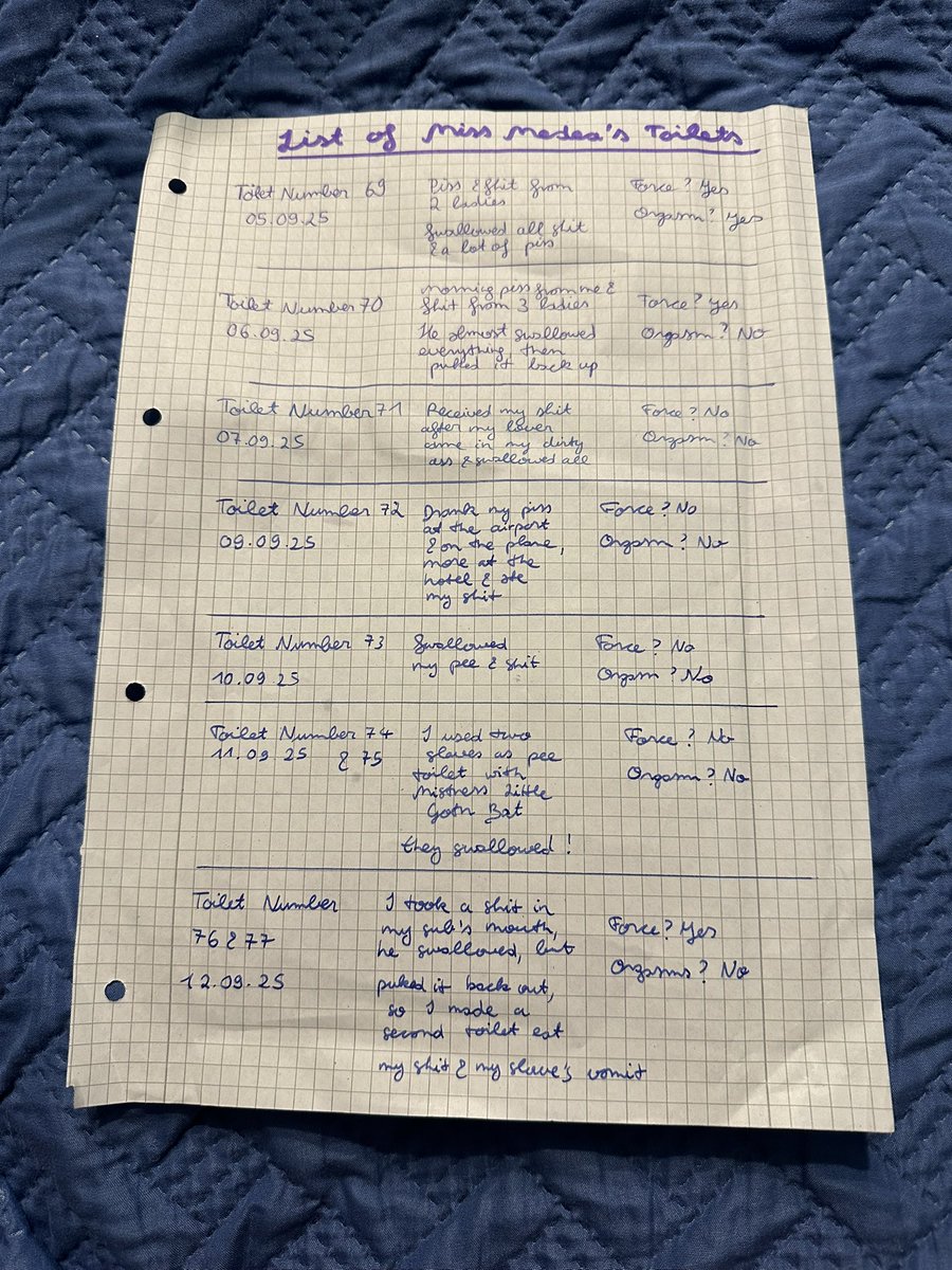 Miss Medea Mortelle 🔞 (@kinkymedea) on Twitter photo Today my toilet showed first signs of overuse. On day 3 he did swallow my chocolate, but puked it back out. So my solution was to give the puke & shit to another toilet 😄🤝 he already got a whipping today for complaining about the traffic, should he get another one? Today my toilet showed first signs of overuse. On day 3 he did swallow my chocolate, but puked it back out. So my solution was to give the puke & shit to another toilet 😄🤝 he already got a whipping today for complaining about the traffic, should he get another one?