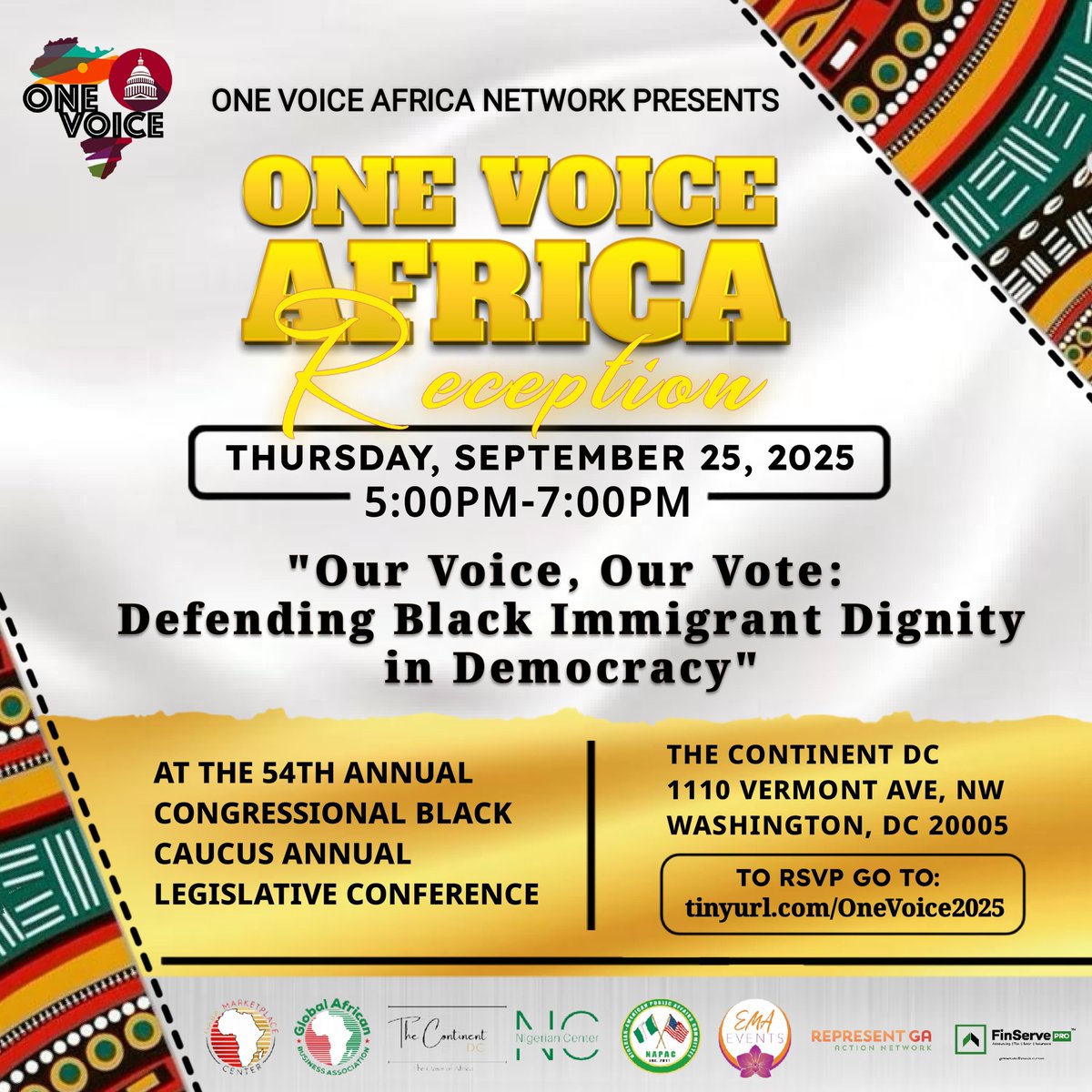 You are cordially invited to the 9th Annual One Voice Africa Reception, taking place on Wednesday, September 25, 2024, as part of the 54th Annual Congressional Black Caucus Foundation Legislative Conference. 
#Blackimmigrants #DCevents #NigerianCenter #gabanetwork