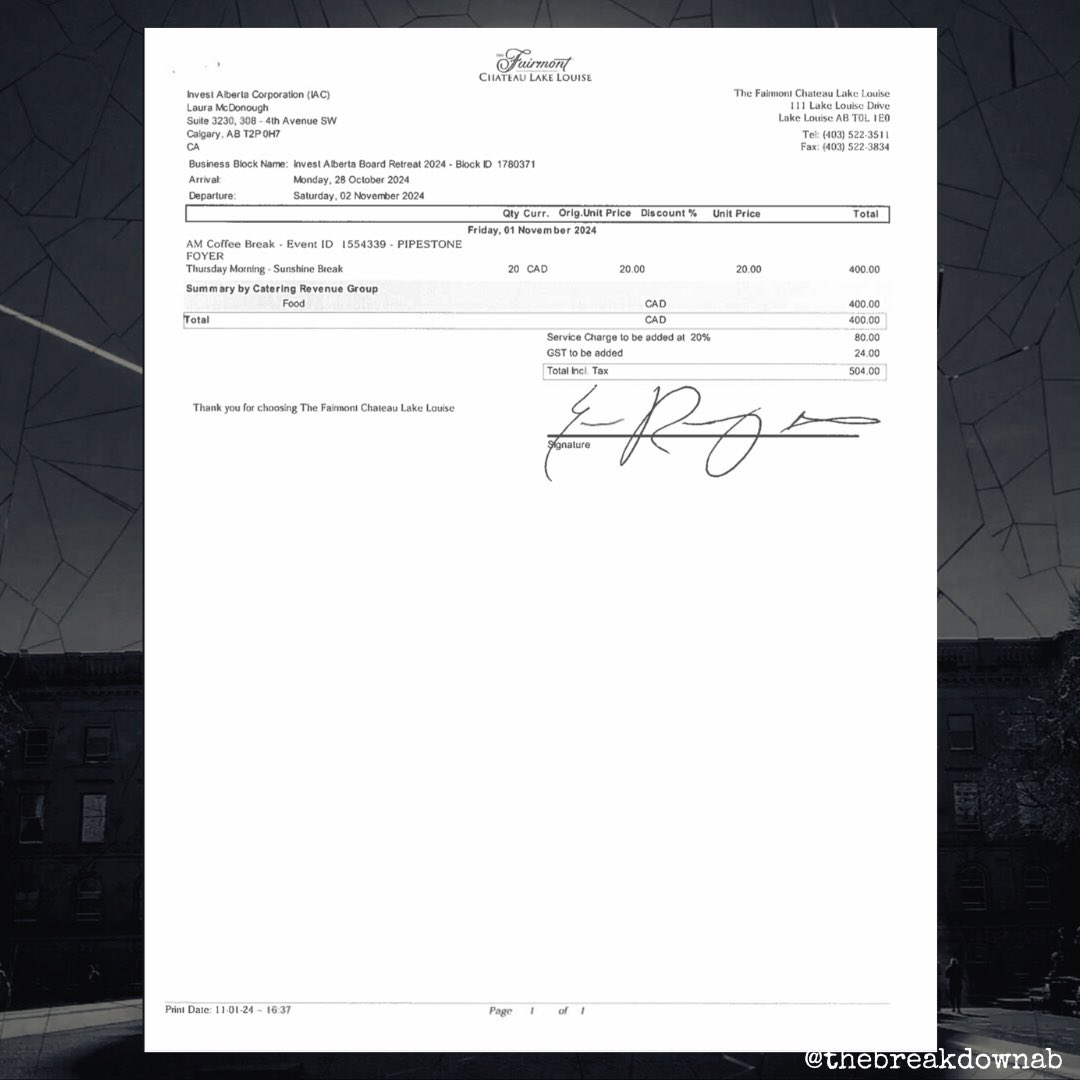 TheBreakdownAB's tweet photo. Invest Alberta is a crown corporation created by the UCP.

It reports directly to Danielle Smith and is funded by taxpayers.

How do they spend taxpayer dollars?

At their retreat last year, 1 coffee break for 20 people cost Alberta taxpayers $504.

#abpoli #ableg #cdnpoli https://t.co/rUm1D6xchw