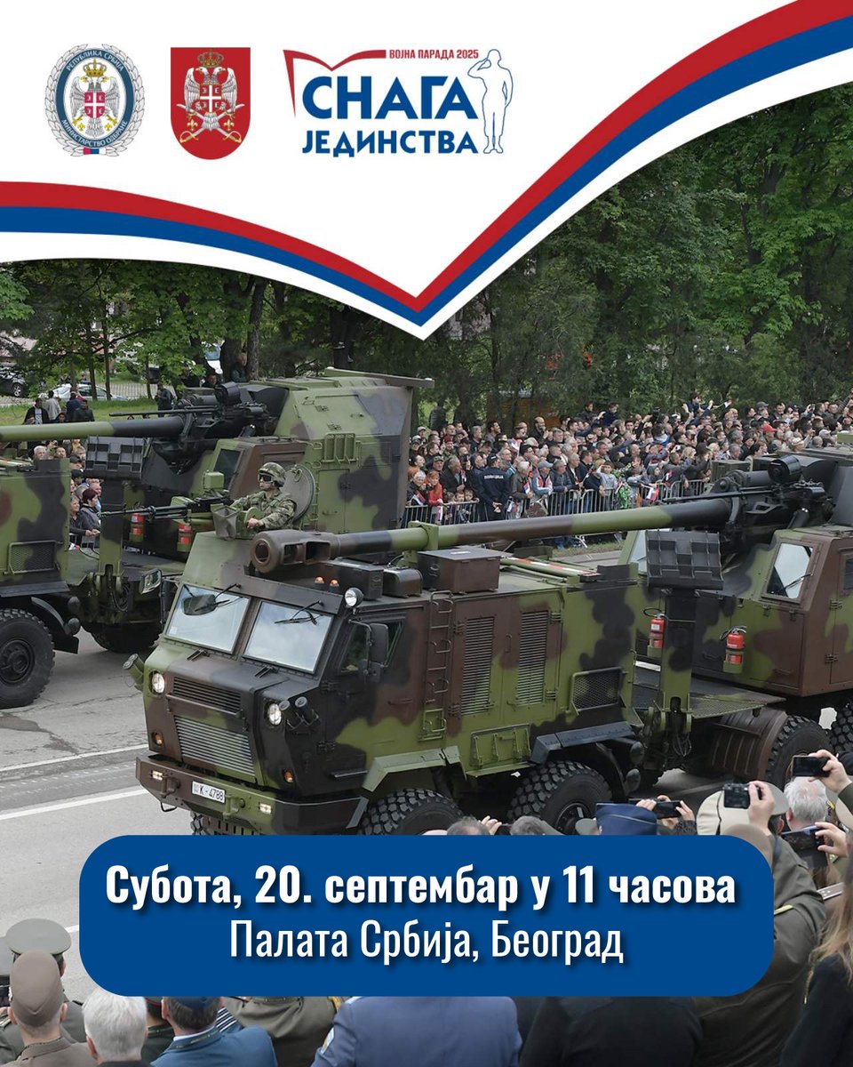 mo_i_vs's tweet photo. Војна парада Снага јединства је догађај који се не пропушта.

Дођите да заједно прославимо Дан српског јединства, слободе и националне заставе 20. септембра у 11 часова на Новом Београду, на простору код Палате Србија.

Добро дошли. 🇷🇸 https://t.co/gHQjBAmPDN