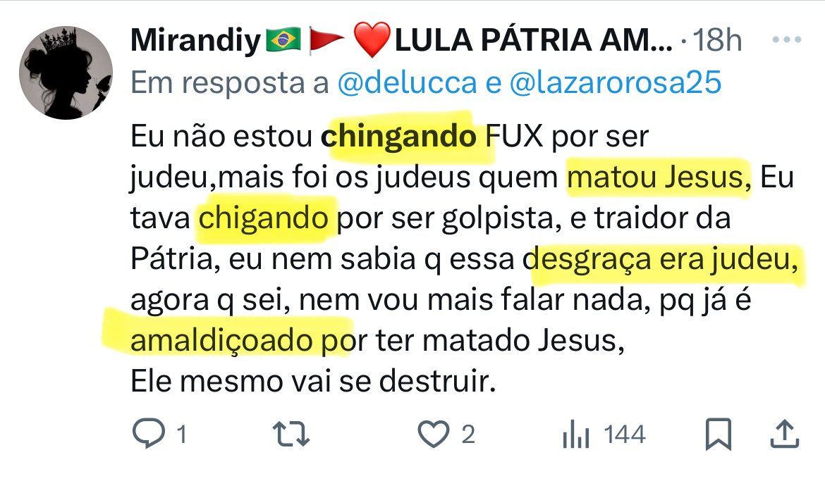 Essa analfabeta (o q explica a simpatia pelo pinguço) reitera o tropo antissemita do deicídio, o que é negado pelo próprio Vaticano através da Nostra Aetate.
Não tem erro: embora existam antissemitas na direita, na esquerda eles são quase unanimidade. Arrisco 95%.
Denunciem!