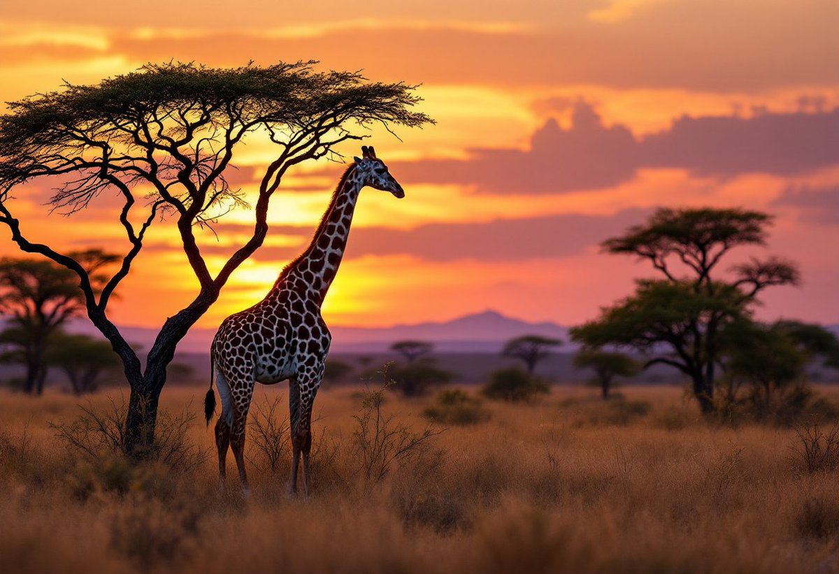 PromptSin's tweet photo. Witness the beauty of the savannah at sunset! 🦒🌅 Explore the wild now! #AfricanSunset #WildlifeSafari https://t.co/c4lt3WEaDG
