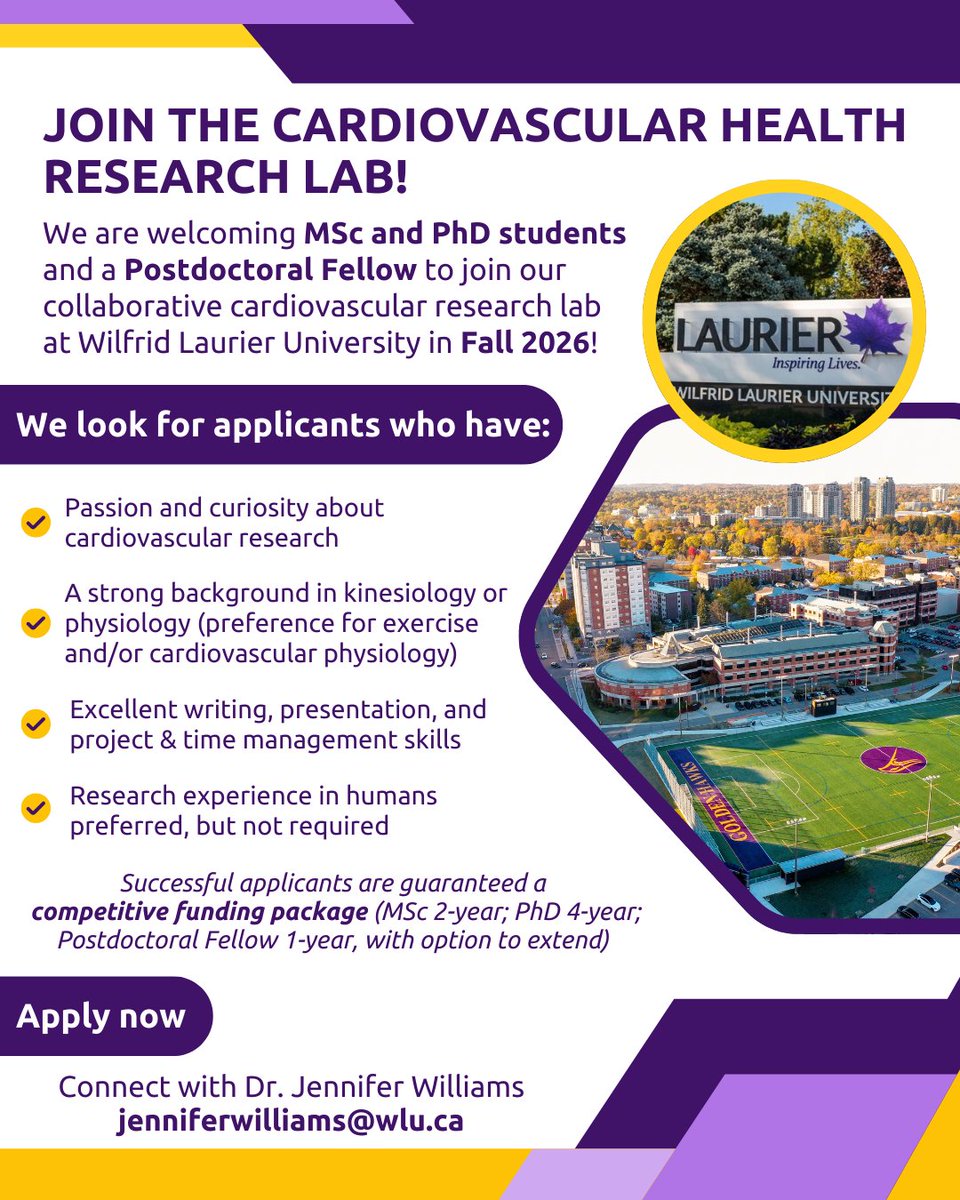 I am recruiting MSc and PhD students to begin in September 2026 and a Postdoctoral Fellow to begin either in September 2026 or January 2027 at Wilfrid Laurier University (<a href="/Laurier/">Wilfrid Laurier University</a>)! 

If you're interested in cardiovascular physiology and health research, please connect!