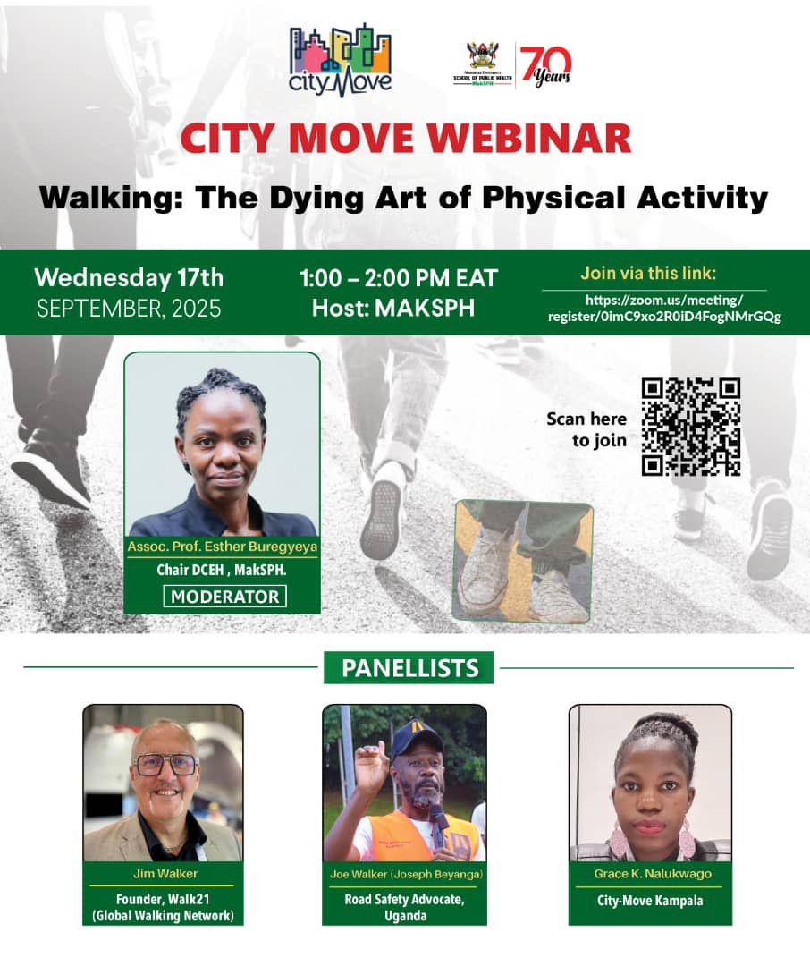 CityMove Kampala (@city_movekla) on Twitter photo CityMove project at <a href="/MakSPH/">Makerere University School of Public Health</a> invites you to our webinar on Walking where weโll dive deep into the benefits of walking, walking advocacy and global walking experiences and trends.
Register using the link below to attend
zoom.us/meeting/registโฆ
Meeting Details on the flyer๐ CityMove project at <a href="/MakSPH/">Makerere University School of Public Health</a> invites you to our webinar on Walking where weโll dive deep into the benefits of walking, walking advocacy and global walking experiences and trends.
Register using the link below to attend
zoom.us/meeting/registโฆ
Meeting Details on the flyer๐