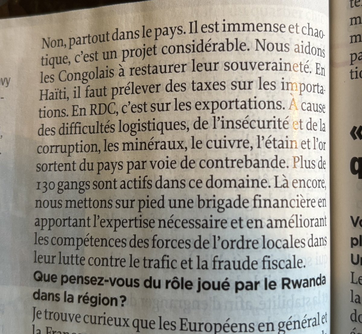 #RDC Interview d’Erik #Prince dans <a href="/LePoint/">Le Point</a> :
- « Que font vos équipes en RDC ? »
- « De la collecte de taxe comme en Haïti (…) Il faut prélever des taxes sur les exportations (…) Plus de 130 gangs sont actifs dans ce domaine. Nous mettons sur pieds une brigade financière