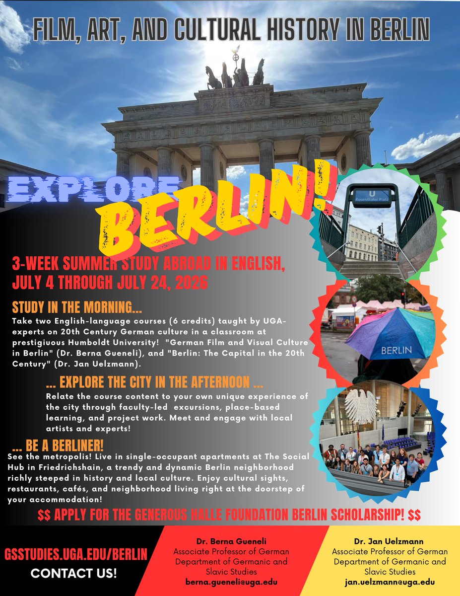 Applications are now open for our Film, Art, and Cultural History in Berlin study abroad program!

Find more information on our website at gsstudies.uga.edu/berlin
