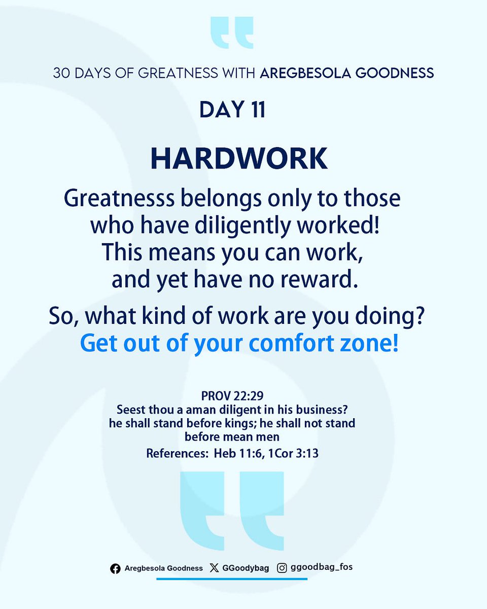 GGoodybag's tweet photo. Bishop David Oyedepo once said, “I have never seen a great man with a normal schedule.”

Hard work is one of the seeds of greatness. It takes root, grows, and eventually blossoms into the success that others come to see.

Keep sowing!

#30DaysOfGreatness https://t.co/lU8uTzY7X4