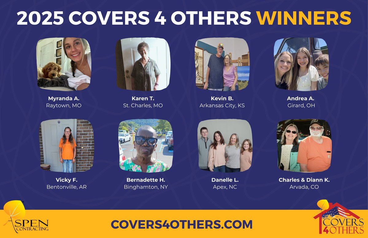 Big congrats to our #Covers4Others winners! 🏆

At Aspen Contracting, giving back is what we do.

Proud to provide deserving property owners with brand new roofs.

#AspenContracting #CommunityImpact #Covers4Others