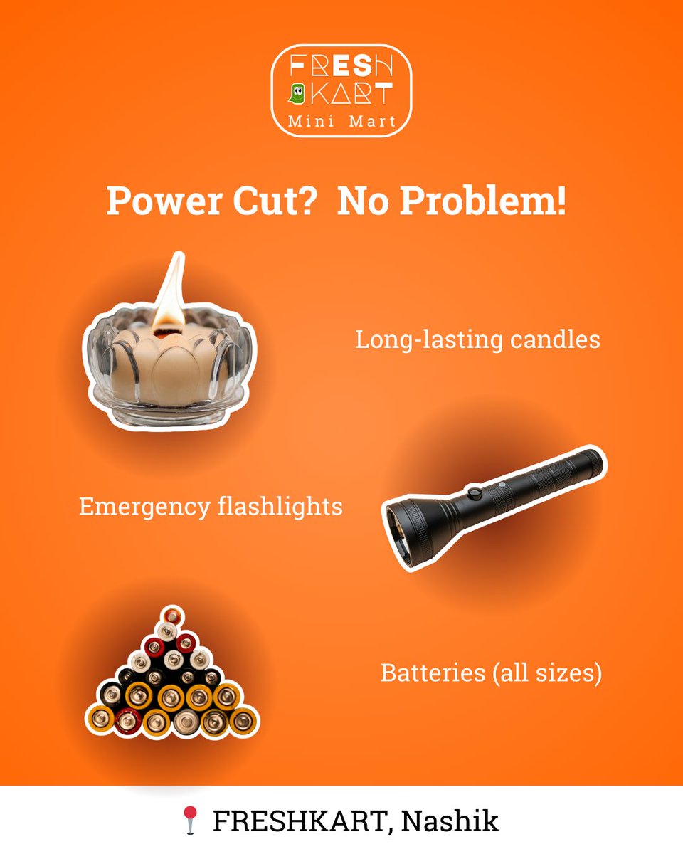 Freshkartmini's tweet photo. Monsoon emergency kit ready: 
🕯️Long-lasting candles 🔦 Emergency flashlights
 🔋 Batteries (all sizes) 📱 Power banks charged 🥫 Ready-to-eat meals 💧 Extra drinking water
Stay prepared for anything!
#PowerCutReady #EmergencyKit #MonsoonPrep #StayPrepared #FreshKart #BePrepared https://t.co/RnxxktYSZO