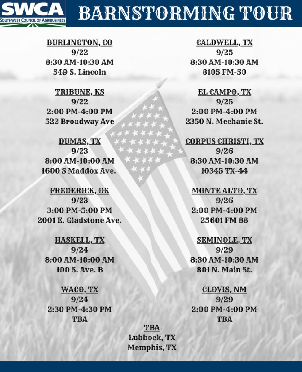 SWCA is excited to announce our Barnstorming tour taking place across Texas, Kansas, New Mexico, Colorado, and Oklahoma.

Check out the thread below for more details and to see if we are coming to a place near you! 

Hope to see you there.

👇 👇👇