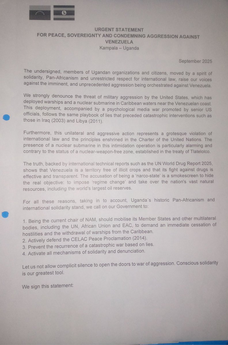 africa_congress's tweet photo. #Uganda–#Venezuela Solidarity Movement is currently collecting signatures in support of peace, national sovereignty and reaffirming Uganda’s commitment to solidarity with Venezuela and to the defense of international law and justice. #AYC #leaveVenezuela
#Respect https://t.co/YeXT9wqFNG