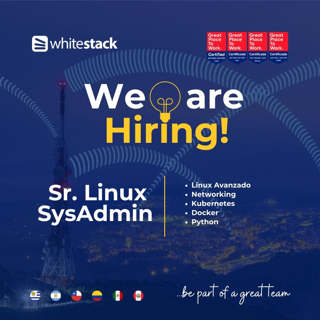 Whitestack's tweet image. ¿Eres experto en Linux y te apasionan los desafíos en entornos cloud?

En Whitestack buscamos un Sr. Linux SysAdmin con experiencia en servidores Linux (Ubuntu/Debian) y tecnologías como Ansible, Docker, KVM, Ceph, Python y más.

📩Postula ahora whitestack.com/es/talento/