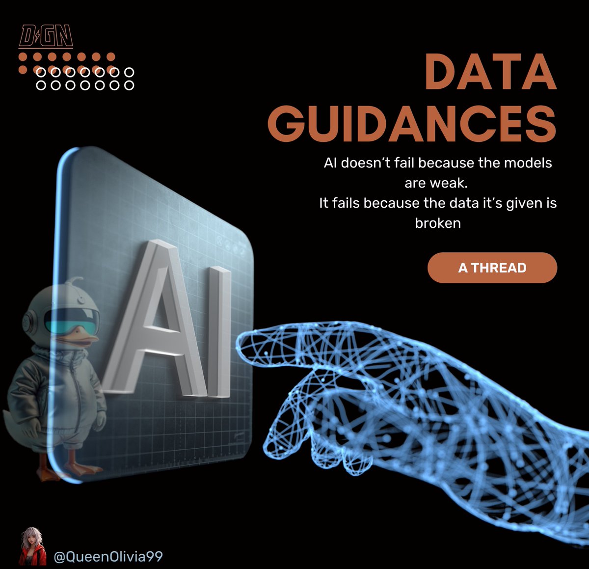 QueenOlivia99's tweet image. Sometimes when I ask an #AI to do something, it gives me the wrong output.
At first, I blame the model. But later I realize… the problem was me.
Because the truth is:
AI doesn’t fail because the models are weak. It fails because the data it’s given is broken.
A thread 🪡