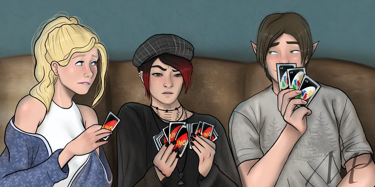 Rebecca, Austin, &amp; Sam enjoy game night with a relaxing game of Uno. (FYI, one of my favorite card games.) Sam, the shy friend, is oddly competitive this time. Rebecca can't believe it. While Austin is too busy organizing his mound of cards to notice the peril coming their way 😆