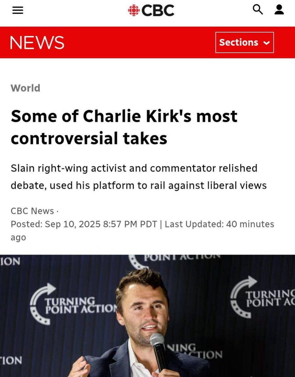 The CBC couldn't even wait 24 hours before slandering a dead Charlie Kirk

Pieces of shit