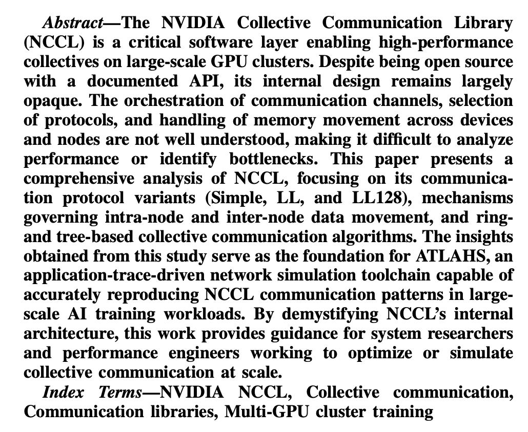 Someone has finally published nuances of how NCCL algorithms and protocols work. 

Thank you so much to the authors since documentation is so scarce! 

arxiv.org/abs/2507.04786